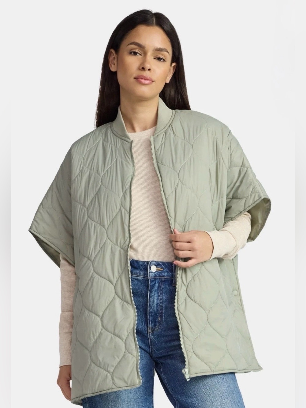 NWT Time and Tru Green Quilted Cape Puffer Poncho Jacket with Free Hat - Picture 3 of 8